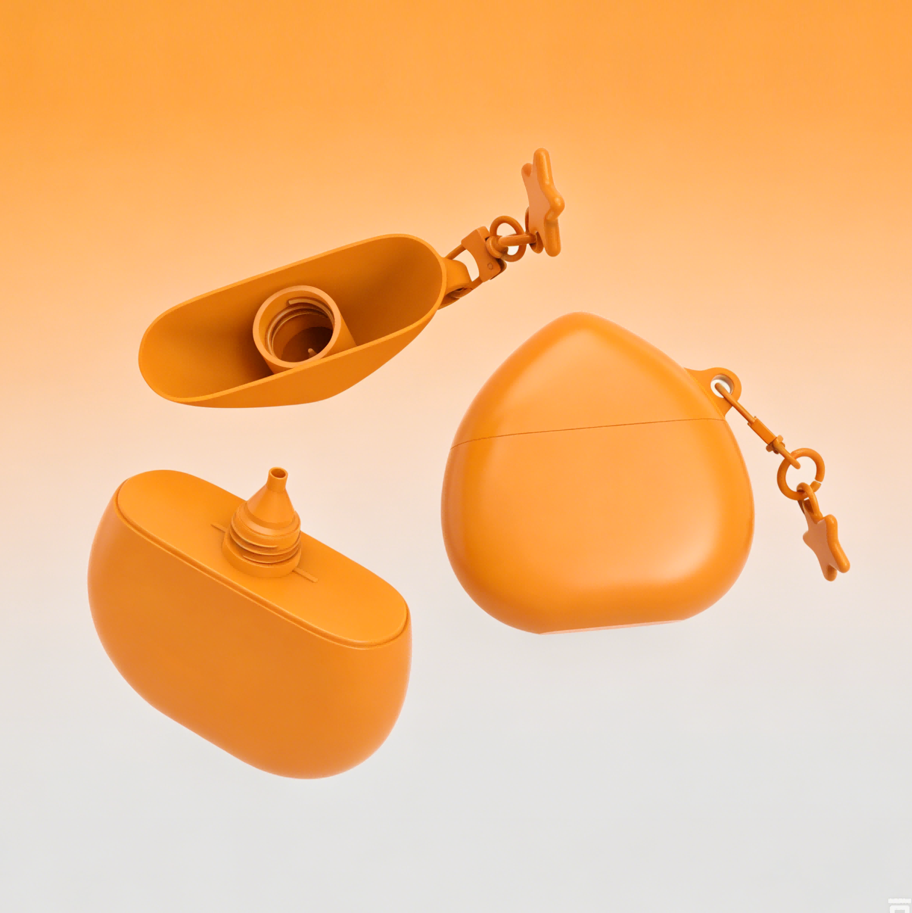 Glossy orange teardrop sunscreen squeeze bottle with star keychain, detachable flip cap travel refillable sun lotion container